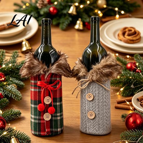 Reusable Wine Bottle Decorations Christmas Sweater Cover Faux Fur Collar And Button Scottish Plaid Decor Coat Design Clothes for Party Decoration