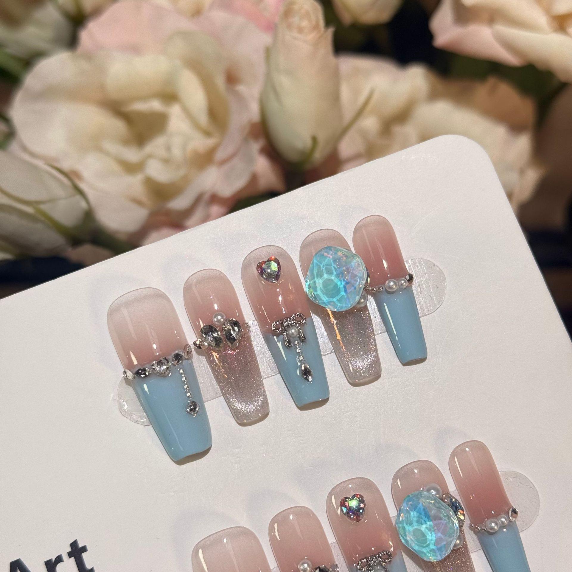 

High-End Blue French Color Block Aurora Cat Eye Candy Blue Diamond Handmade Press-On Nails