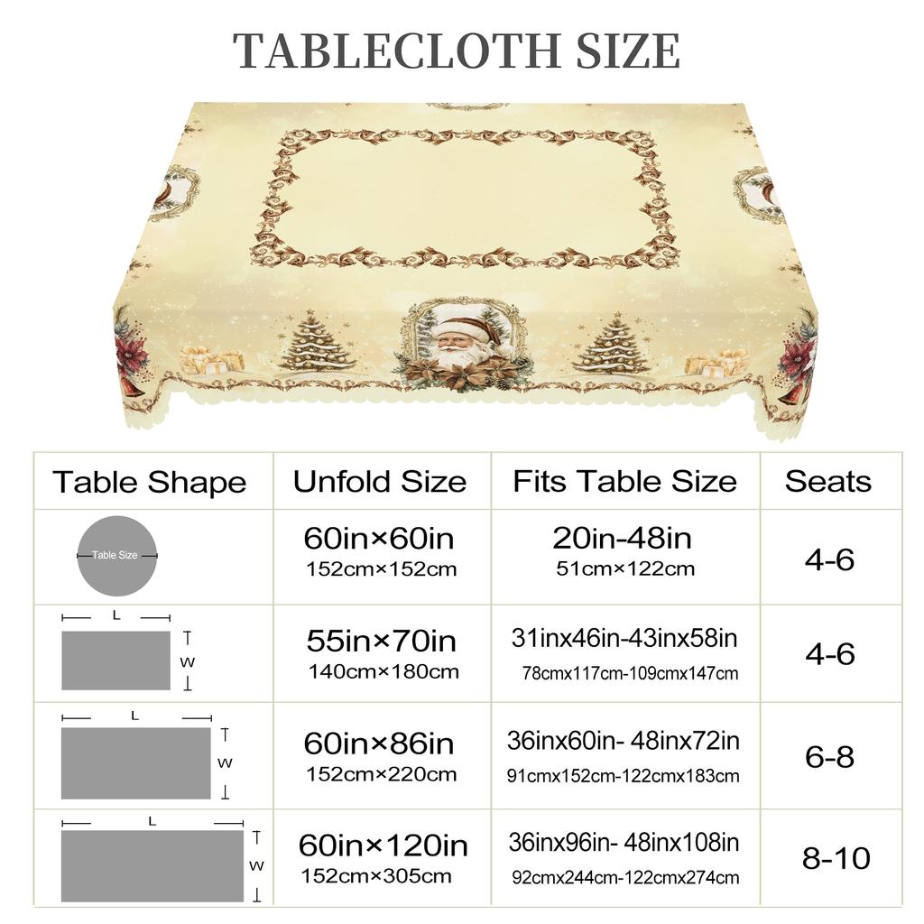 1 Piece Christmas-Themed Round And Rectangular Tablecloth, Various Sizes, Santa Claus Reindeer Vintage Gold And White Tablecloth, Christmas Yard Table