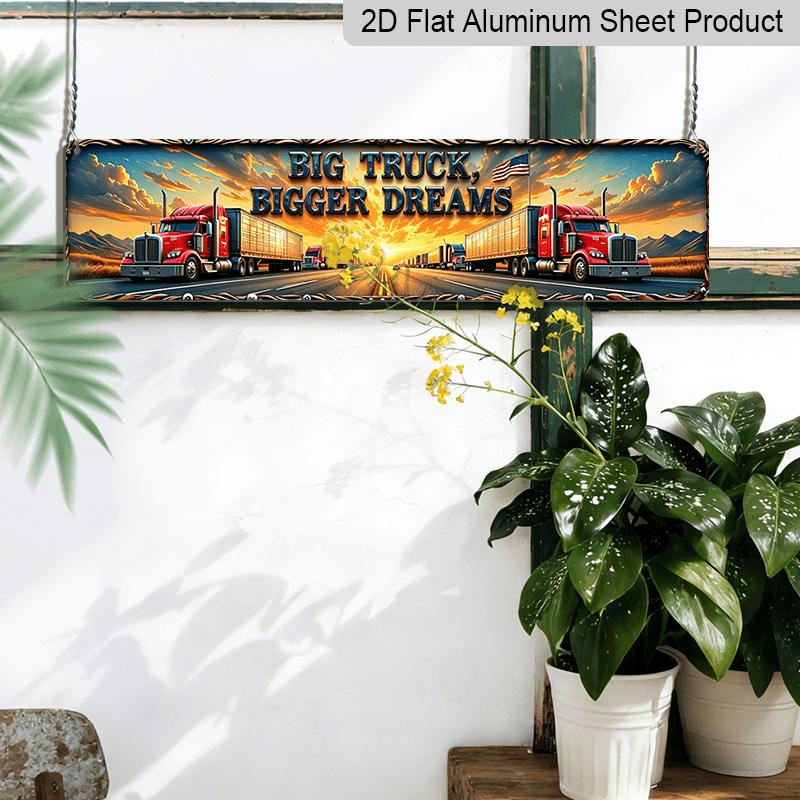 2D Flat, Vintage American Road Culture Aluminum Decorative Sign - Retro Red Truck & Flag Metal Decor with Frame Suitable for, Truck Stop, Restaurant