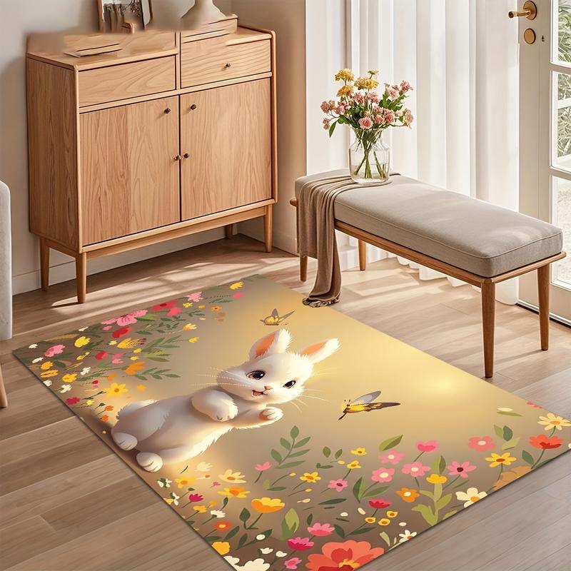 Cute Bunny Floral Area Rug for Living Room Bedroom Playful Kids Nursery Whimsical Home Decor Soft Non Slip Washable Floor Mat