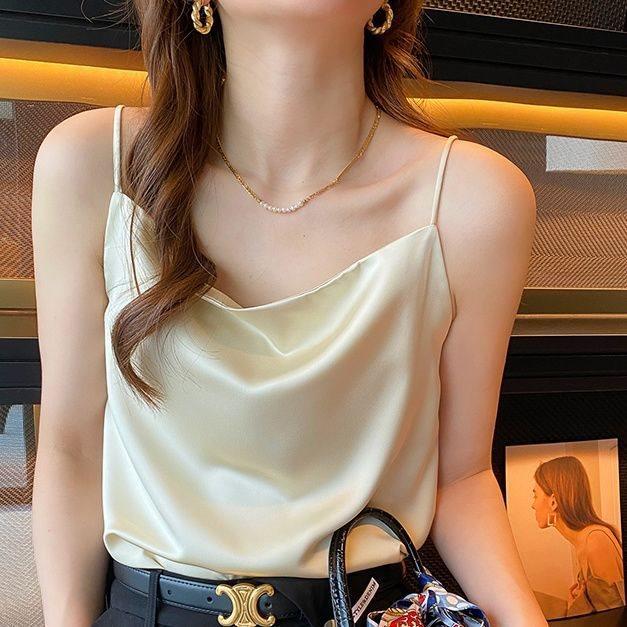 Womens Satin Vneck Tank Top With Solid Color And Soft Ribbed Fabric For Spring Summer Casual Wear