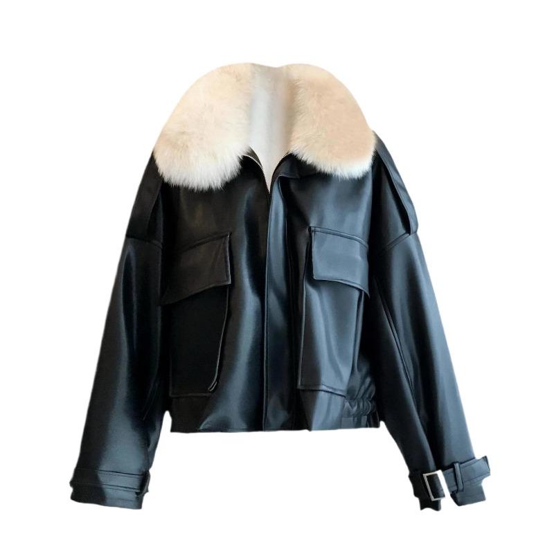 Fleece Thickened Leather Jacket Short Removable Autumn and Winter New Product Imitation Fox Fur Collar Fur Integrated Jacket Women's Clothing