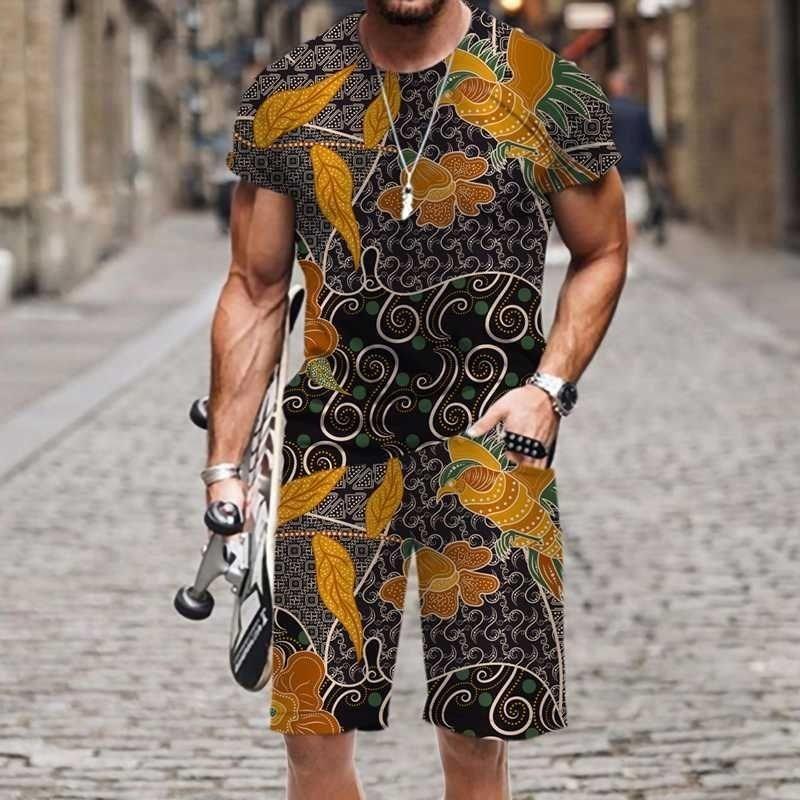 Summer Fashion Casual Men's Suit Vintage Pattern 3D Printed Sportswear Short-sleeved Suit Oversized Round Neck T-shirt Shorts 2-piece