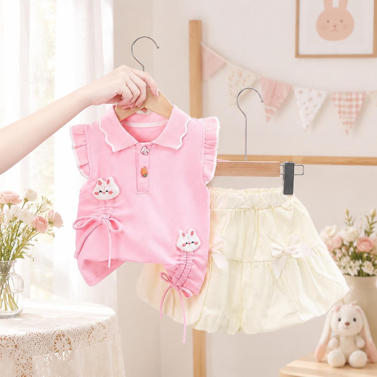 Girls Summer Sweet Cartoon Cat Print Sleeveless Short Set with Notched Collar 90