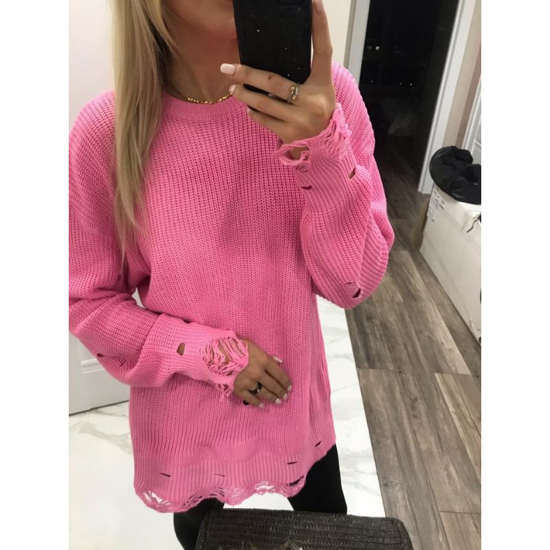 

Женский свободный однотонный рваный свитер больших размеров, длинный осенний свитер с круглым вырезом и длинными рукавами M розовый