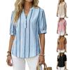 Damen Sommer Kurzarm Locker Geschnitten Slub Leinen Gestreift Print Hemd Top