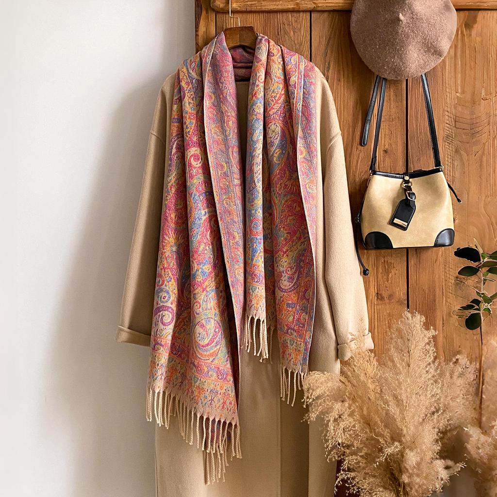 Rand Fashion Dámský zimní kašmírový šál - Vintage květinový potisk s třásněmi ve stylu olejomalby Pašmína Silný přehoz & Šála