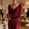 Damen Samt Abendkleid mit langen Ärmeln, Schal-Ausschnitt, Raffung, Schlitz, Bodycon-Kleid, Midi-Kleid für Hochzeitsgäste