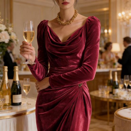 Damen Samt Abendkleid mit langen Ärmeln, Schal-Ausschnitt, Raffung, Schlitz, Bodycon-Kleid, Midi-Kleid für Hochzeitsgäste