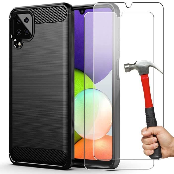 Coque pour Samsung A22 4G (6.4") + 2 Verres Trempés. Coque Silicone Anti Choc Traits Acier design Tpu Protection Renforcée Noir