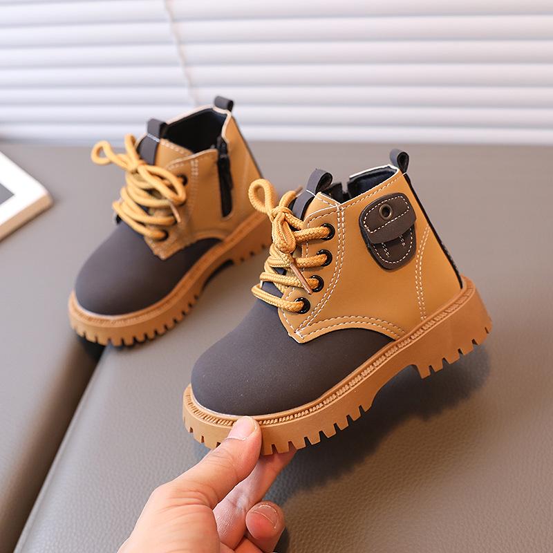 Autumn Kids' Colorblock Ankle Boots - British Style with Side Zipper for Boys and Girls