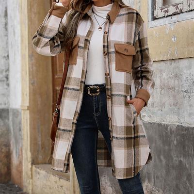 Medium-length Checkered Cardigan Autumn and Winter Women's Vintage Brushed Plaid Patchwork Jacket