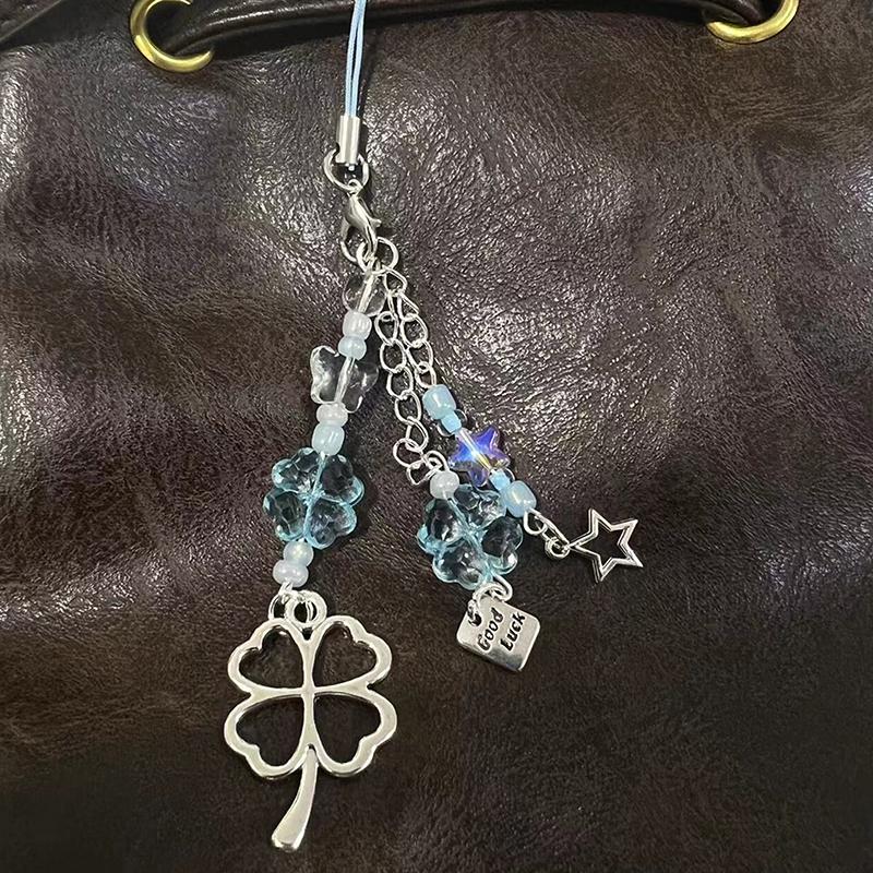 Y2K Trendy Lucky Grass Star Bear Phone Charms Sweet Four-Leaf Clover Beaded Keychain Bag Pendant Decoration For Women Girls Gift