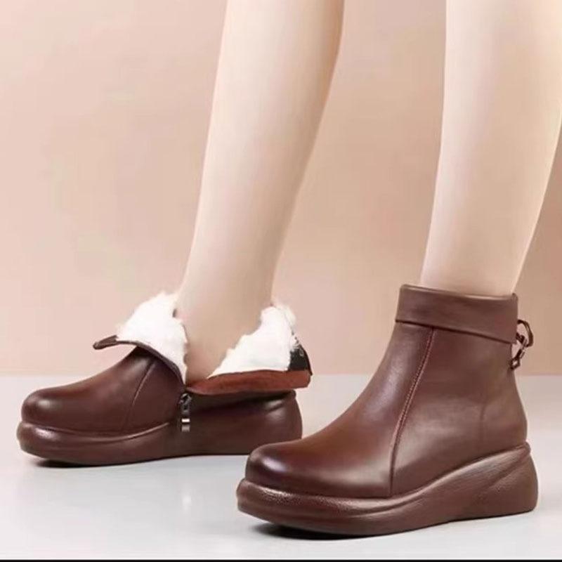 Low-heeled Muffin-soled Boots for Women's 2 Autumn and Winter New Soft Leather Fashion Boots, Winter Velvet Soft-soled Women's Shoes Are Comfortable