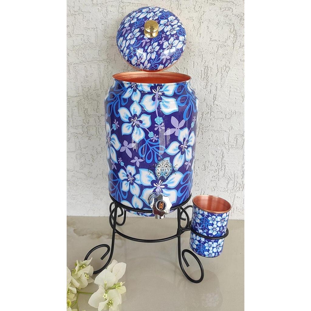 Reiner Kupfer Blauer Blumendruck Wasserkrug mit Messinghahn & Kupferglas & Ständer, Aufbewahrung & Servieren von Wasser, Volumen- 5 Liter