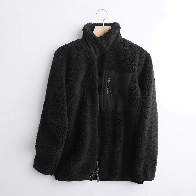 Autumn and Winter Women's Outerwear with Contrasting Fabric, Fine Edge Decoration, Zipper Cardigan, Casual Plush Jacket
