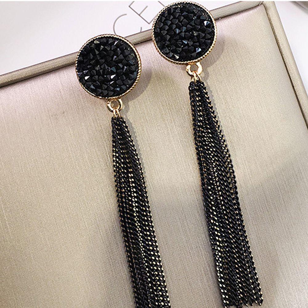 Lady Elegant Party Accessories Black Round Long Fashion Tassel Dangle Earrings Ear Studs Jewelry