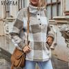 Women's Fashion Casual Plaid Print Spring Fall Long Sleeve POLO Neck Pullovers & Long Sleeves
