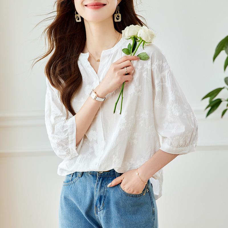 Women's V-Neck Lace Embroidery Cotton Shirt - 2026 French Chic Summer Collection