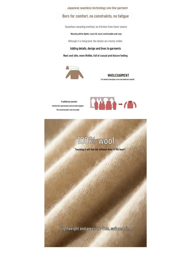 Women's Slimming 100% Wool Half-High Neck Sweater, Seamless Cashmere Knit Base Layer, Autumn Winter Loose Top with Hollow-Out Design
