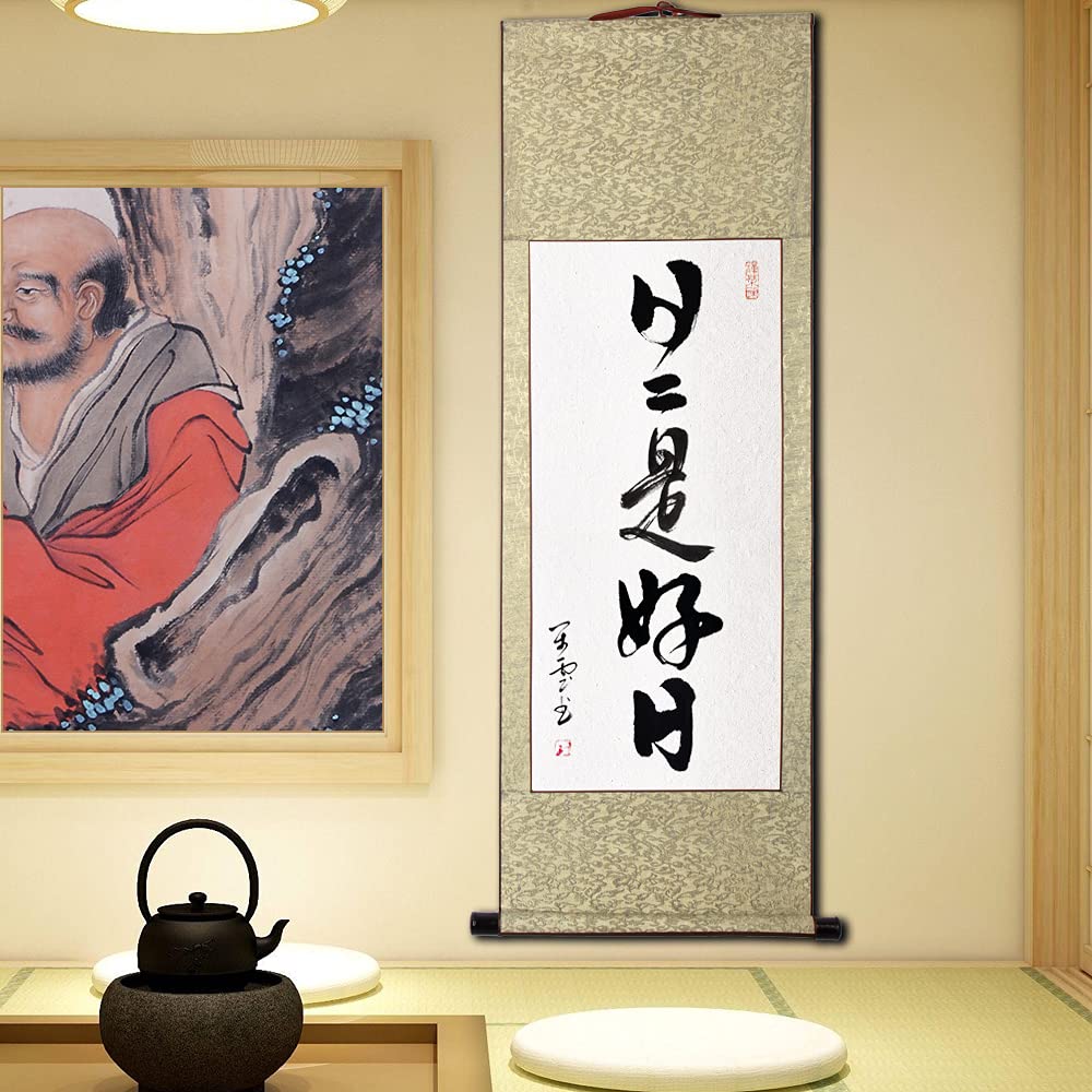 "Every Day Is a Good Day" Hanging Scroll, Stylish, "Every Day Is a Good Day" Style, Cursive Calligraphy, Tea Hanging Scroll, Zen Phrase, Single-line