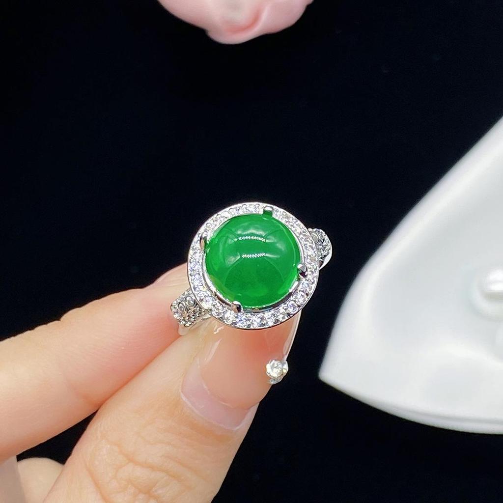 Popular Simulated Natural Ice Chalcedony Jasper & Diamond Open Ring for Women