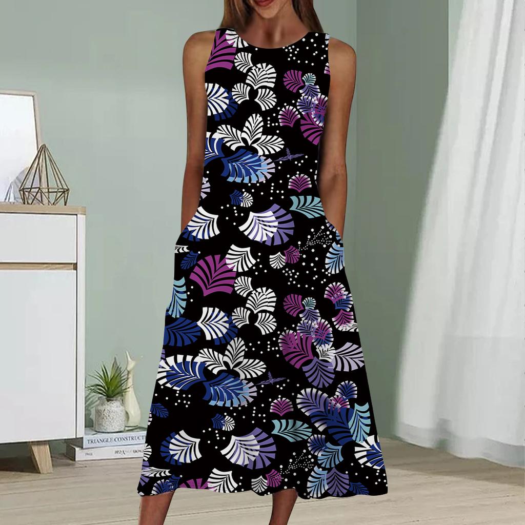 Summer Fashion Sexy Sleeveless Dress Soft Casual 3D Palm Tree Leaves Print Dress Sleeveless Sling Dress