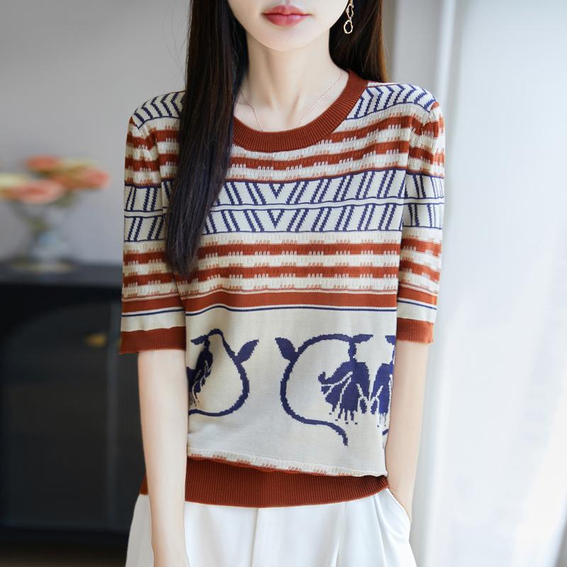 Women Knit T-shirt MODERN NEW SAGA Summer Knitted Shirt Short Sleeve Tees O-neck Patchwork Pullover Knit Tops