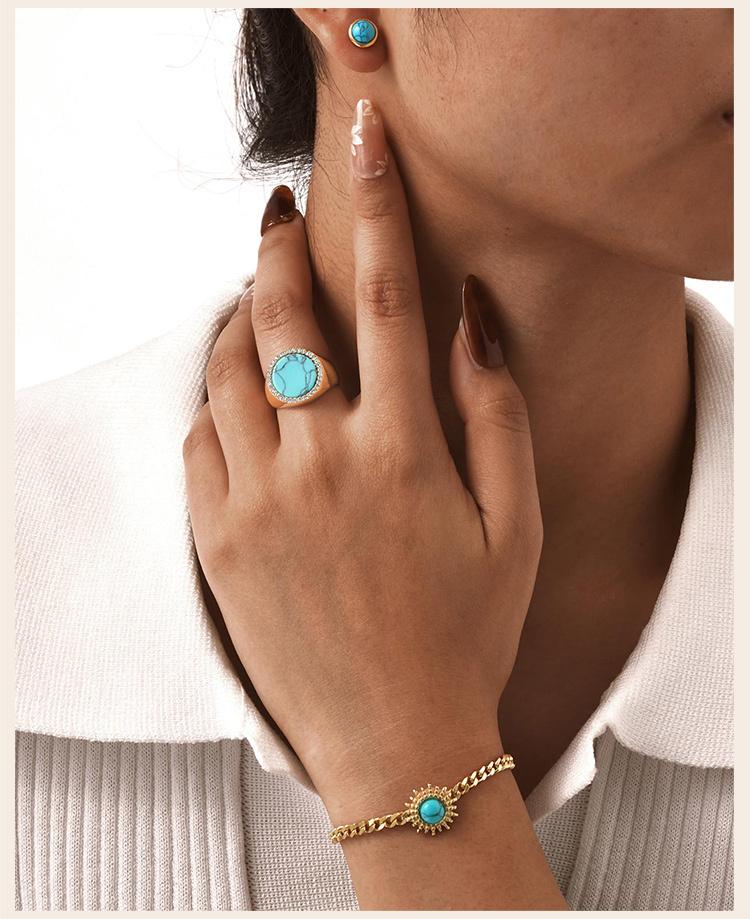 Natural Stone Turquoises Bracelets For Women, Stainless Steel Link Hand Chain Wristband,18k Gold Plated Bracelet Set Jewelry