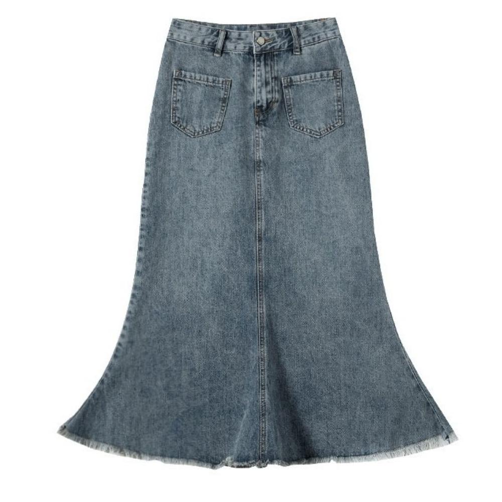 Retro Denim Skirt Women High Waist A-line Half Dress Fashion High Waist Long Skirt  Beach