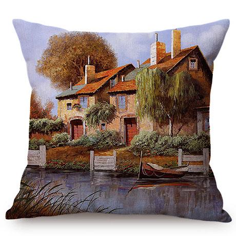 Hermoso Paisaje Rural Cabaña Feliz Recuerdo de la Infancia Pintura al Óleo Funda Decorativa para Cojín de Sofá Funda para Cojín de Coche Cojines