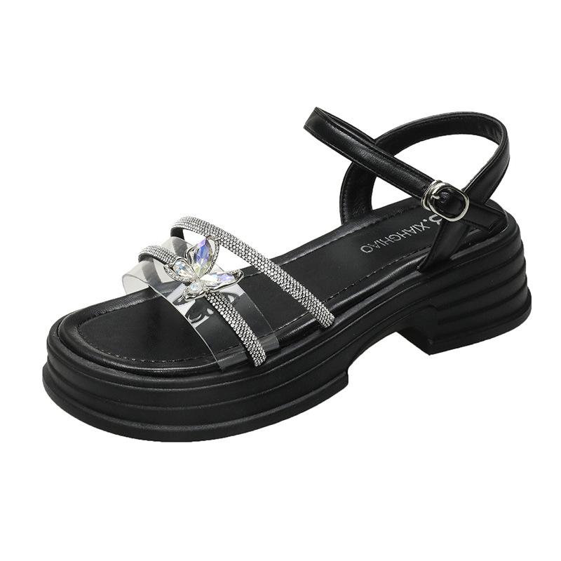 Rhinestone sandals women's 2025 new summer women's shoes platform muffin Roman shoes fairy wind heightening beach shoes