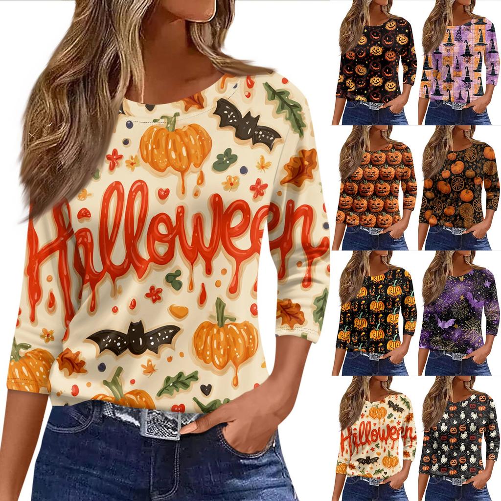 Women's Fashion Casual Round Neck 3/4 Sleeve Loose  Printed T-Shirt Ladies Top