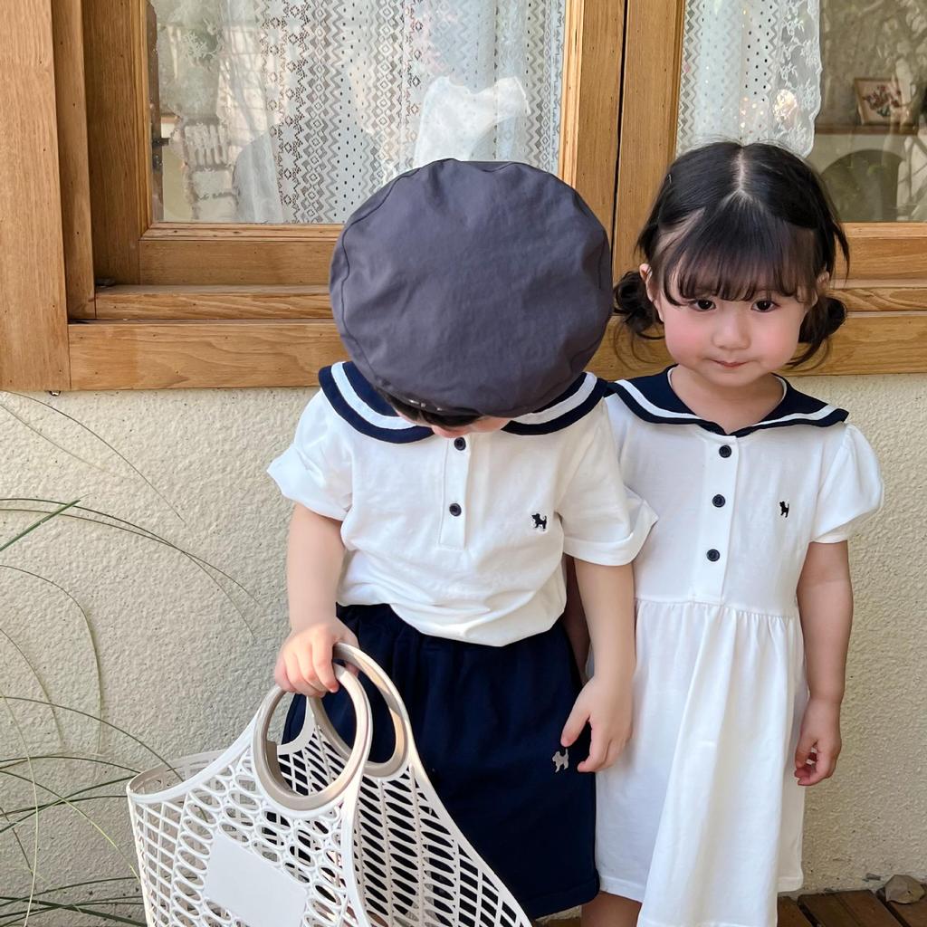 Summer Sibling Outfits: Boys' Sailor Collar Shorts Set & Girls' Academic Style Dress