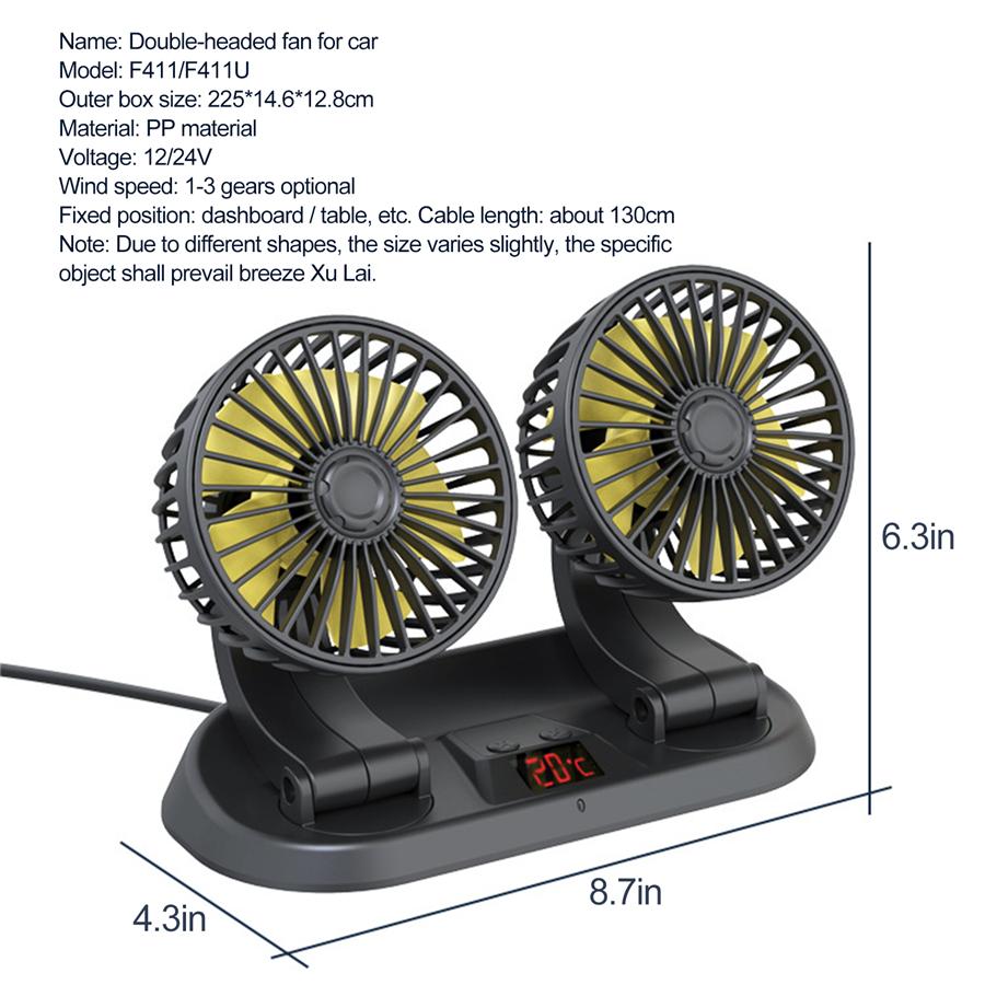 360 Degree Rotation Dual Head Vehicle Car Cooling Fan 12V Real-time Temperature