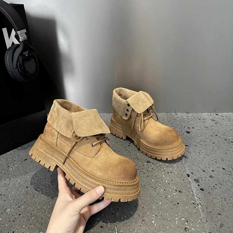 Real Leather Retro Short Boots for Women in Autumn and Winter  New Yellow Single Boots Two on Short Boots