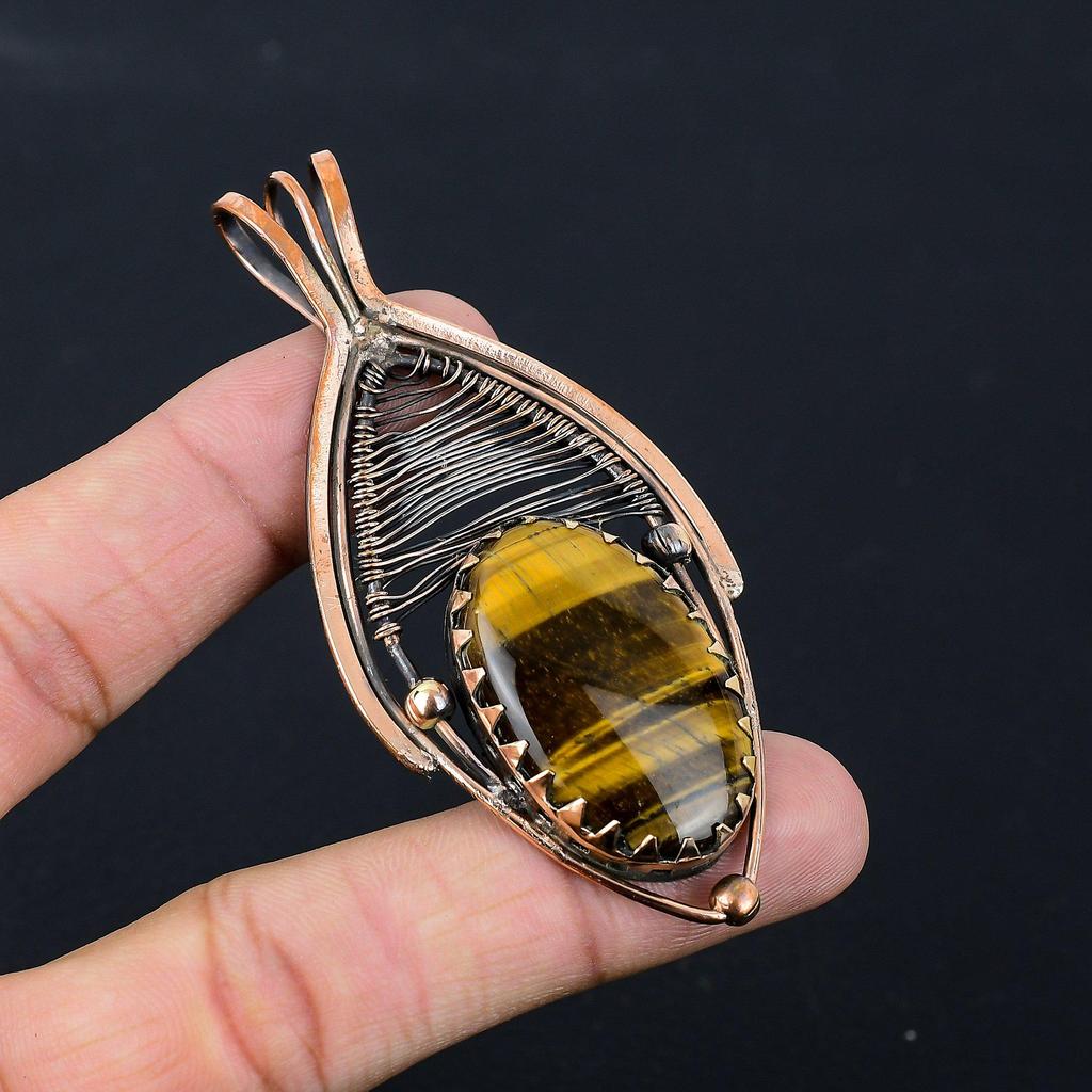 Tiger Eye Gemstone Pure Copper Wire Wrapped Handmade Pendant Jewelry Gift For Her