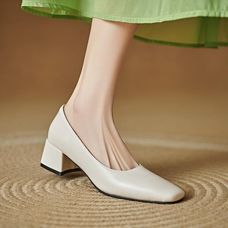 Women's High-heeled Single Shoes Simple and Versatile Thick Heel Large Size Square Head Shallow Mouth Low-top Shoes