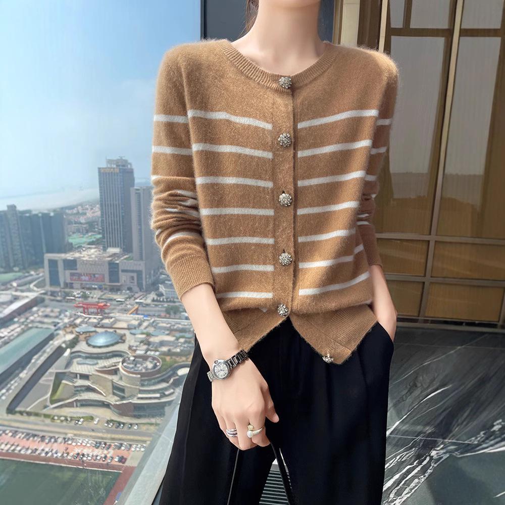 Women's Autumn Winter Cashmere Stripe Knit Cardigan - Round Neck, Versatile Loose Sweater