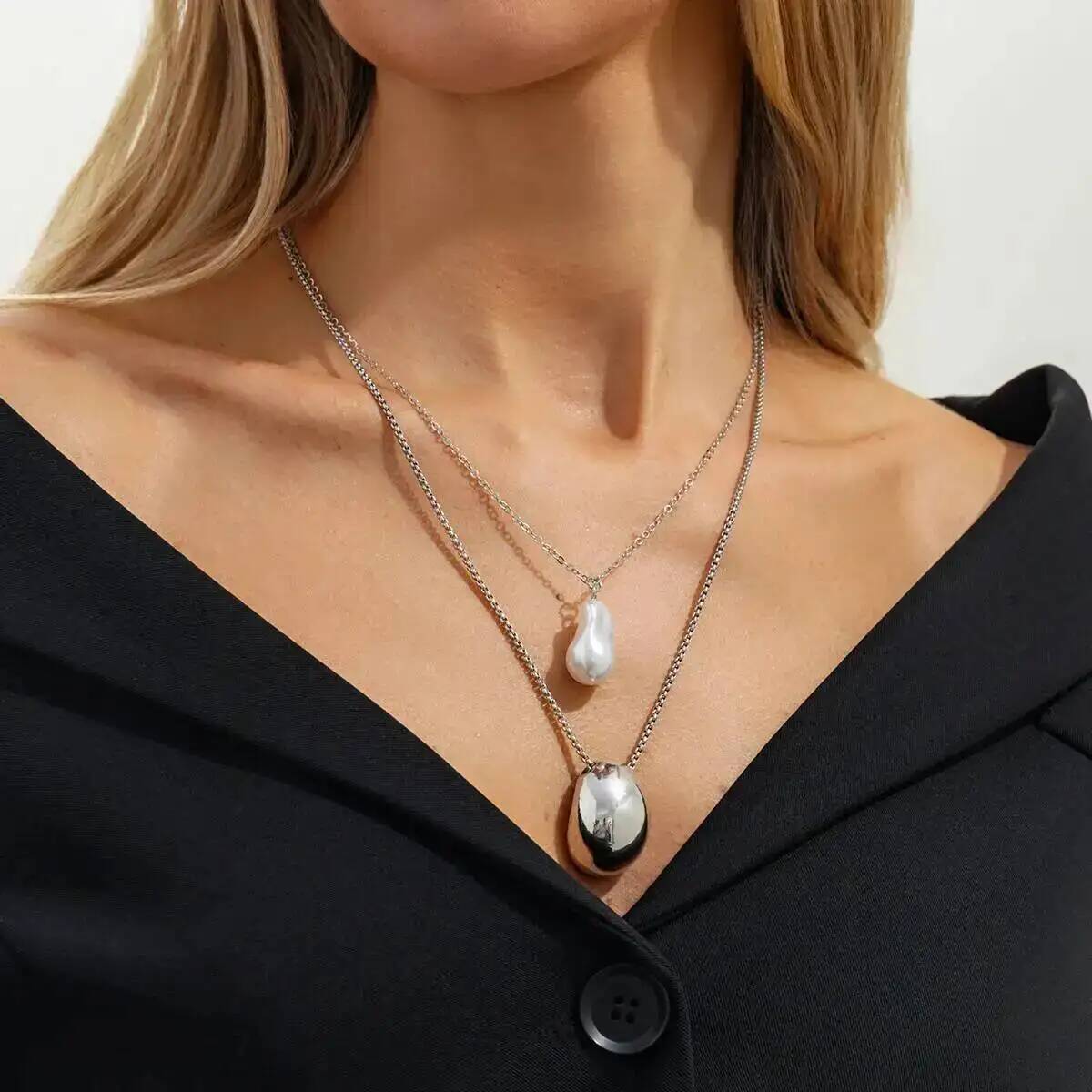 SHIXIN Минималистичное Геометрическое Ожерелье-Кулон Металлическое с Имитацией Жемчуга Женское Модное Двухслойное Регулируемое Колье Украшение