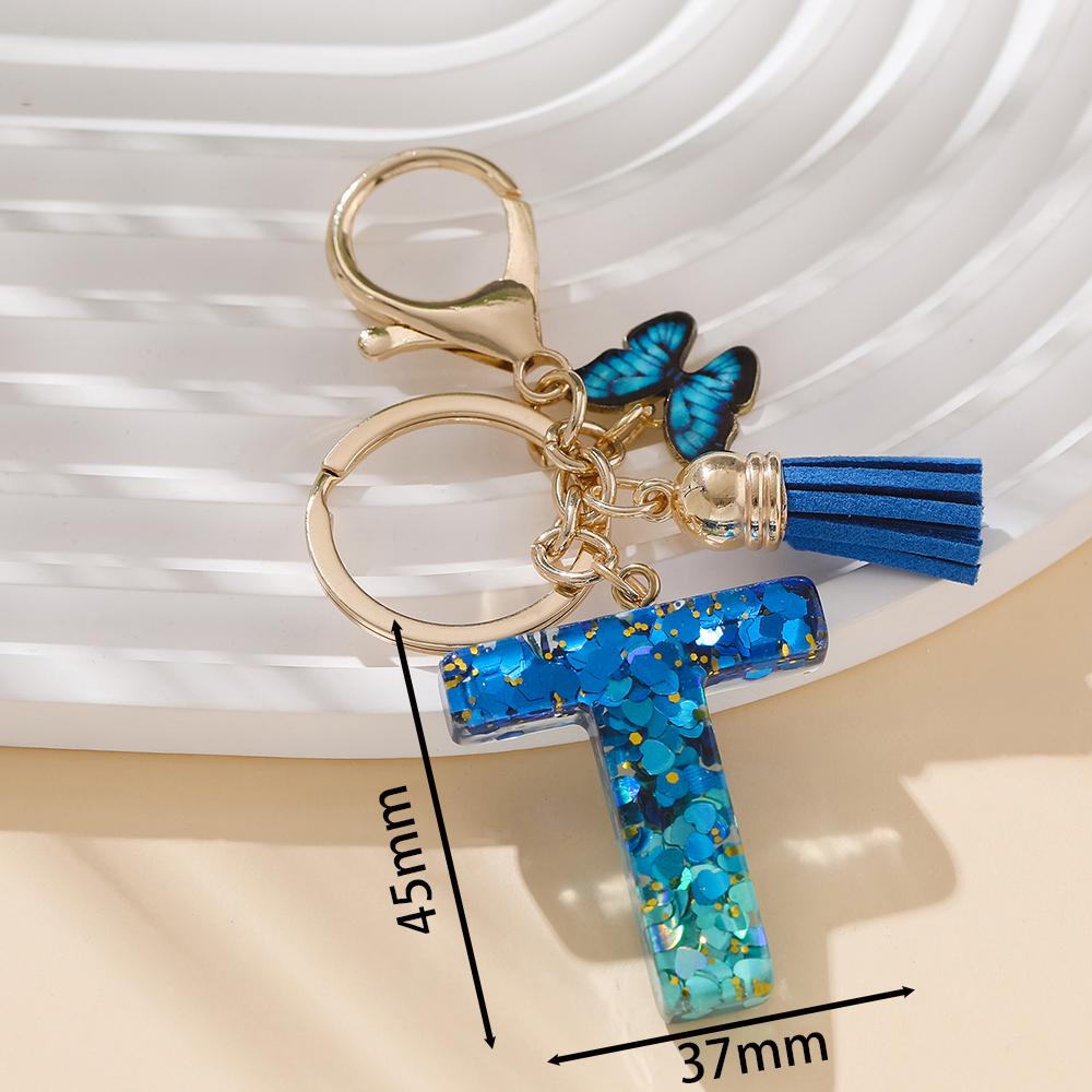 1pc Alloy Alphabet Initial Keychain Royal Blue Butterfly & Tassel Letter Keychain for Backpack Charm Accessory Key Ring Findings