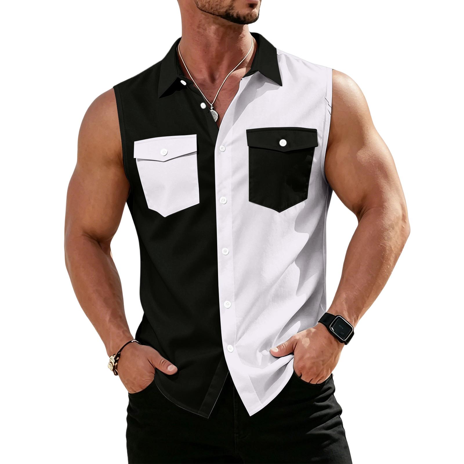 Men s Workwear Lapel Button-Down Vest Shirt - Lightweight Sleeveless Top L