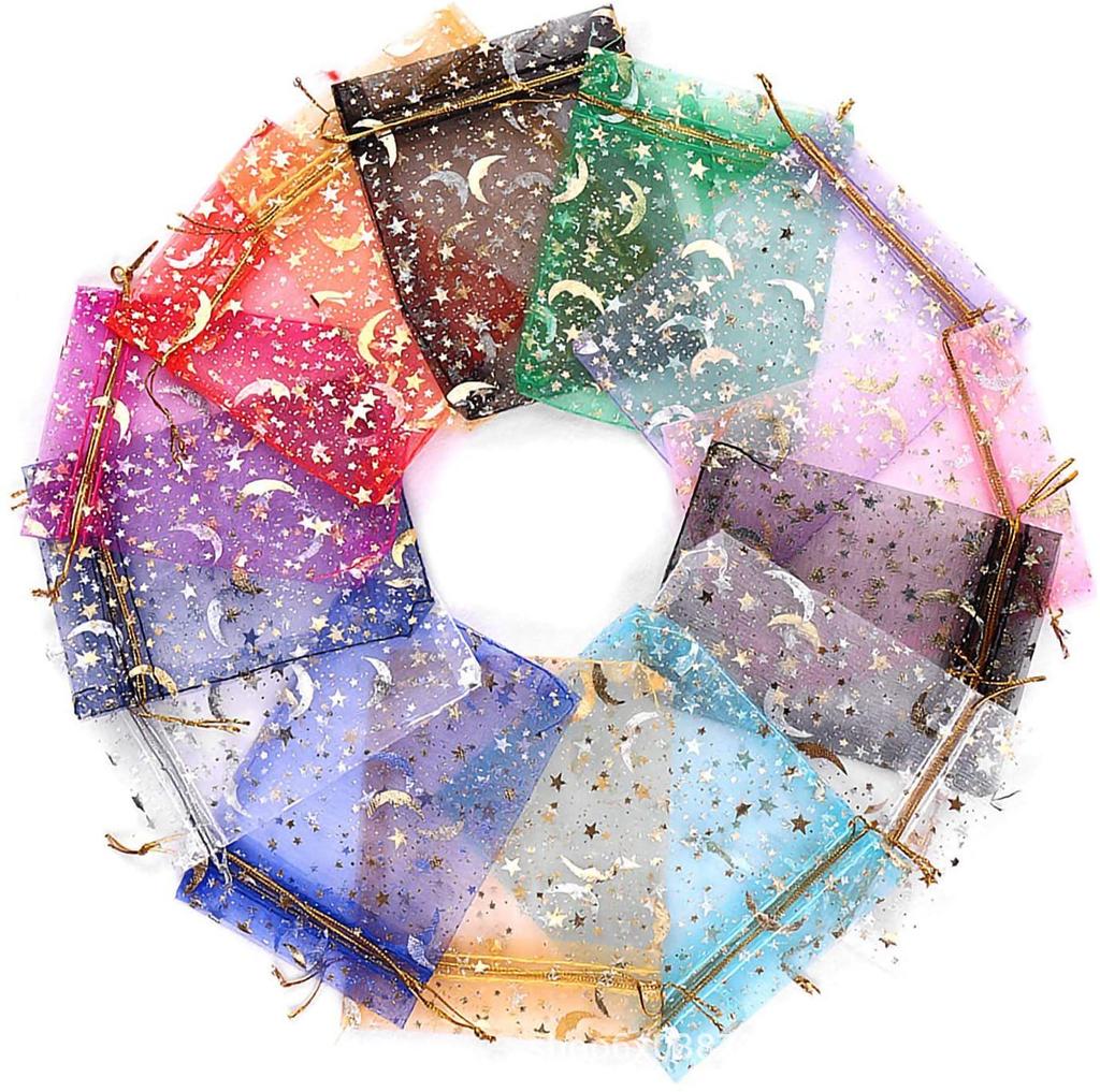 Organza Drawstring Gift Bags Star and Moon Gold Print Mesh Pouches for Jewelry Candy Favors