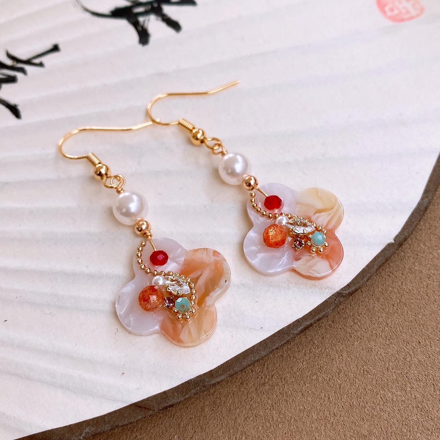 18K zircon flower pendant pearl earrings retro court style pendant earrings
