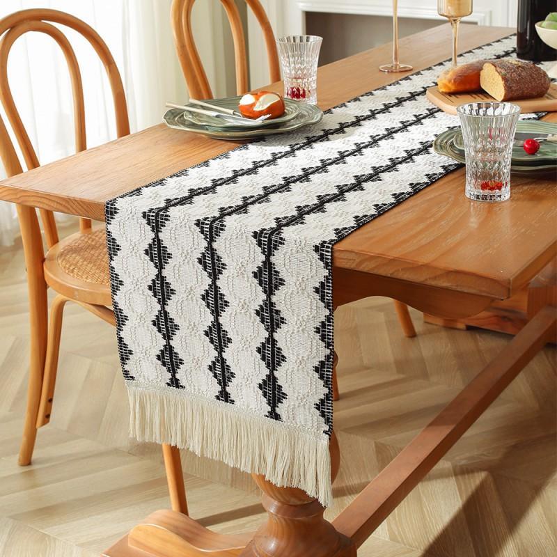 Cotton Linen Table Runner With Striped Patchwork Design Tassel Trim Modern Minimalist Long Cover Dining Room