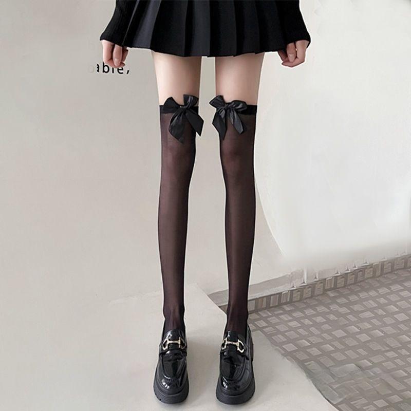 White Silk Bow Stockings For Women Japanese JK Over-the-knee Stockings Sexy Lace High Thigh Fishnet Stockings