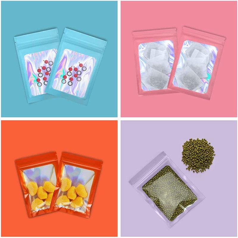 50pcsThick Smell Proof Mylar Bags Holographic Laser Color Plastic Packaging Pouch Jewelry Retail Storage Pouch Gift Zip Lock Bag