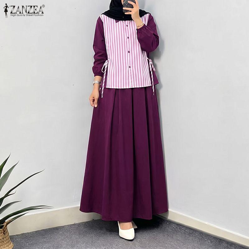 ZANZEA Women Long Sleeve Stripe Blouse and Long Skirts Casual Two Piece Sets