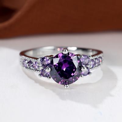 Purple Crystal Champagne Zircon Round Stone Rings For Women Classic Silver Color Wedding Band Engagement Jewelry Birthstone Gift